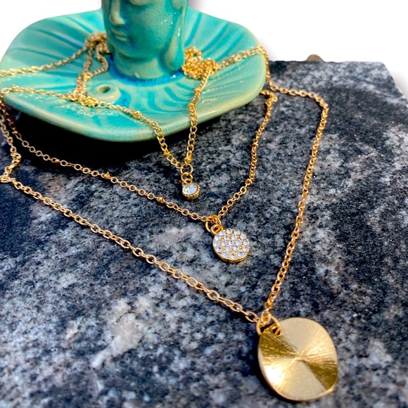 3 Layer Gold Pendant Necklace with Rhinestones - Picture 2 of 5